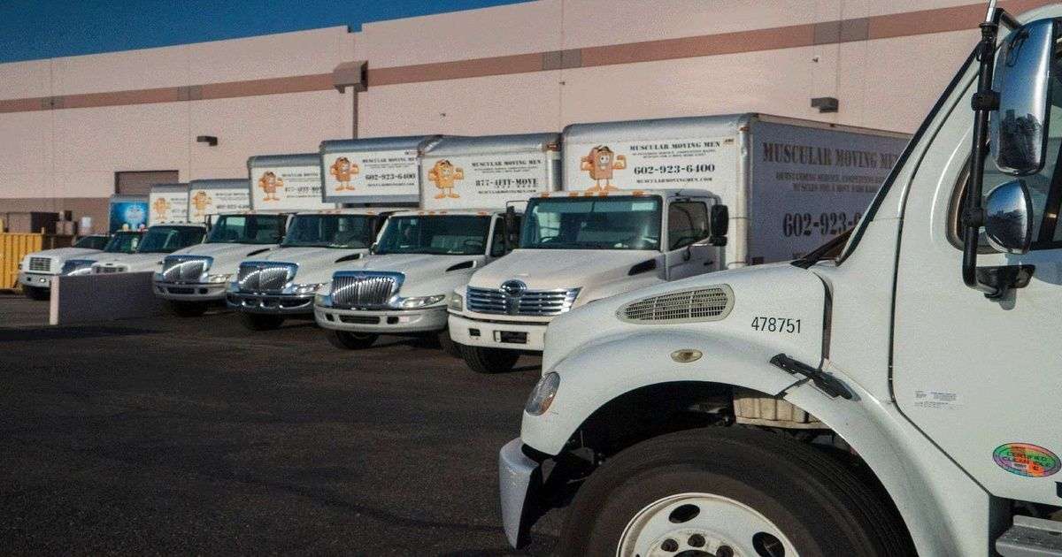 Phoenix local movers professional truck fleet with white cabs and branded boxes displaying phone numbers at industrial parking lot