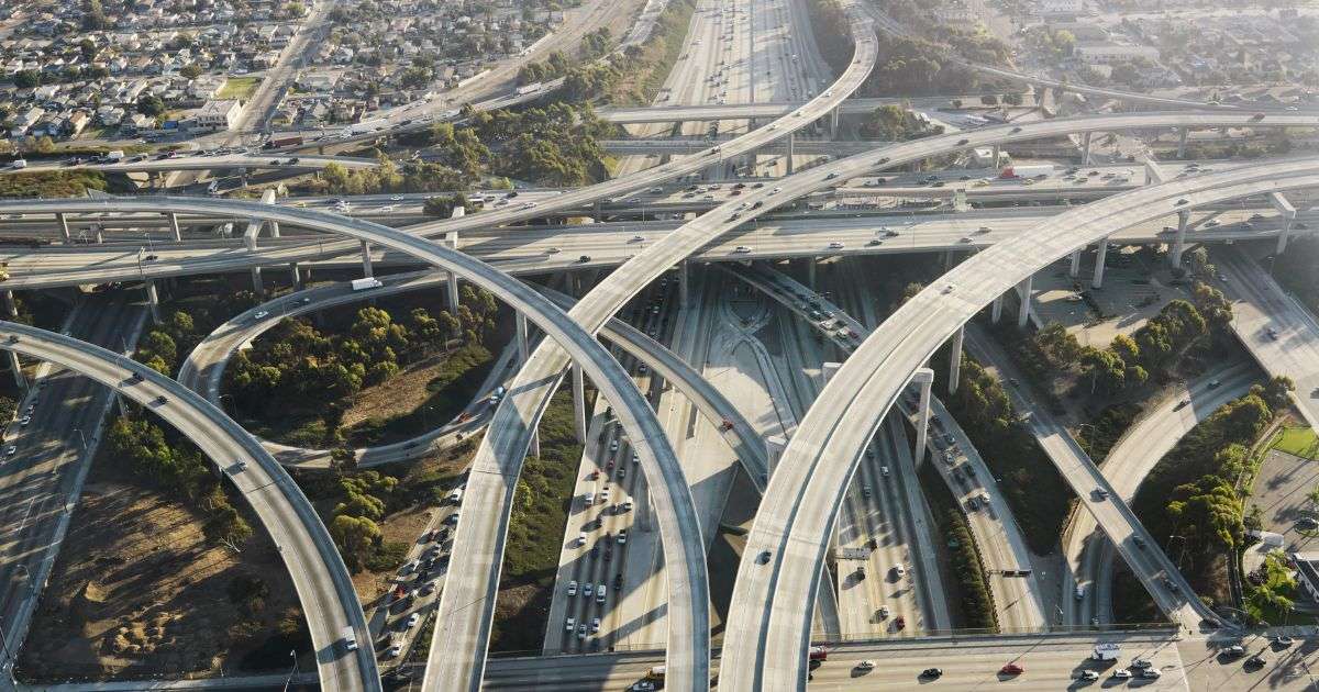 Aerial view of a complex highway interchange in Los Angeles, California