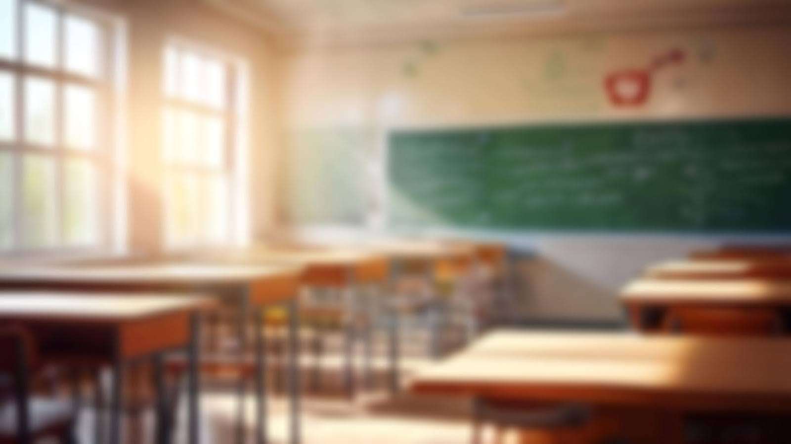blurred photo of classroom with desks and chalkboard