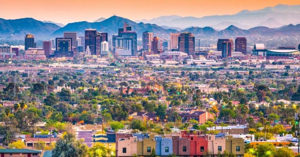 Phoenix, Arizona, USA Cityscape. Phoenix, Arizona, USA downtown cityscape at dusk.