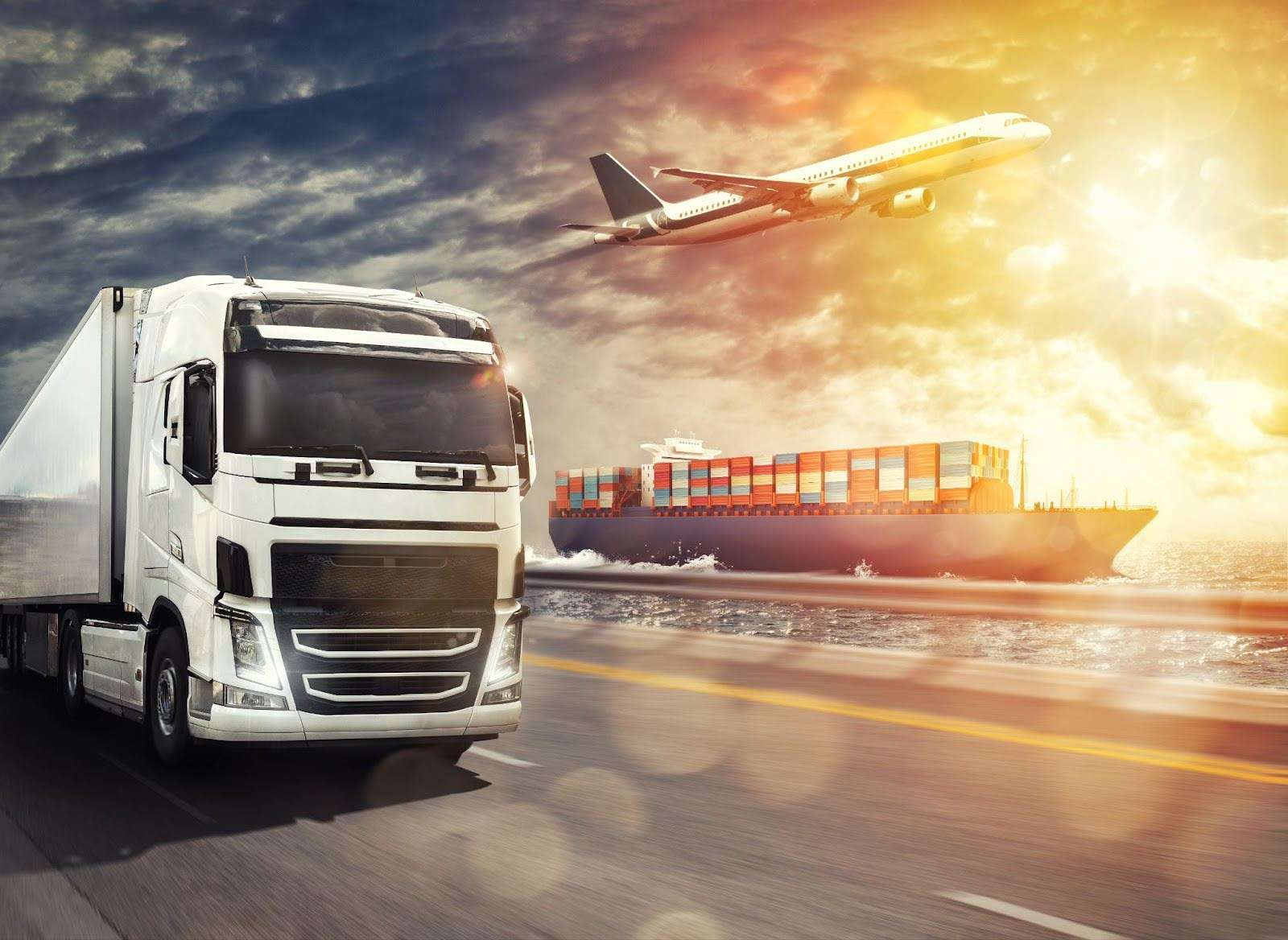 graphic depicting air, land, and sea travel with a plane, shipping container vessel, and truck