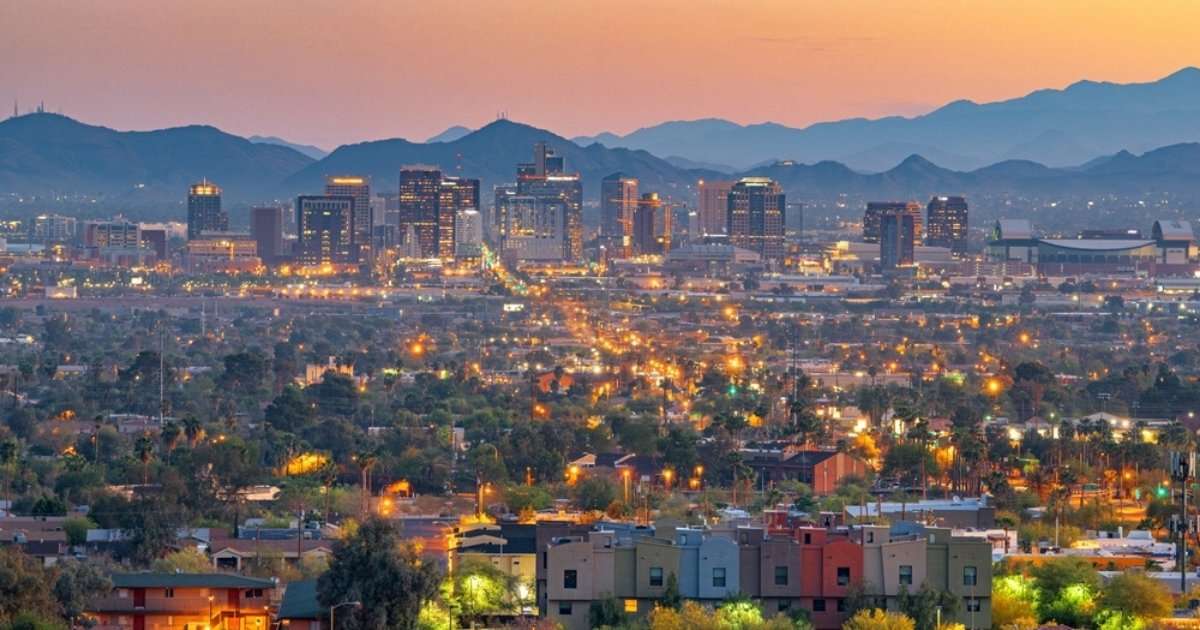 Aerial view of the Phoenix skyline at sunset