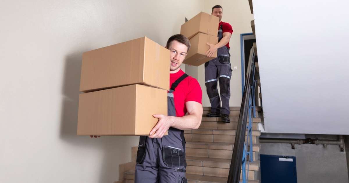Two Phoenix specialty movers carrying cardboard boxes down stairs