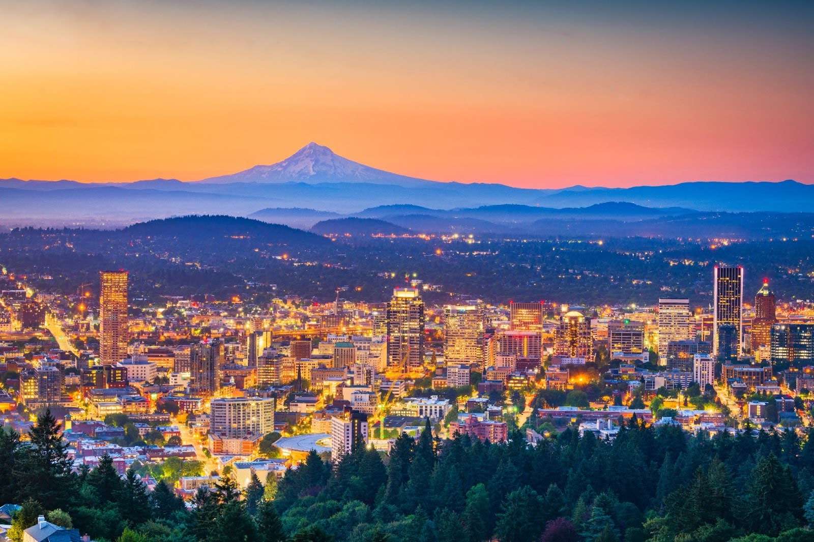 Skyline of Portland at night with the mountains in the background