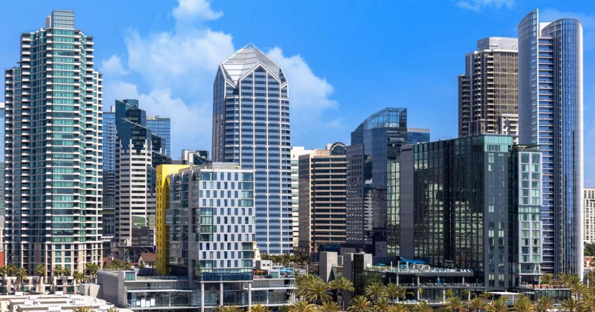 Scenic San Diego downtown financial district city skyline and skyscrapers
